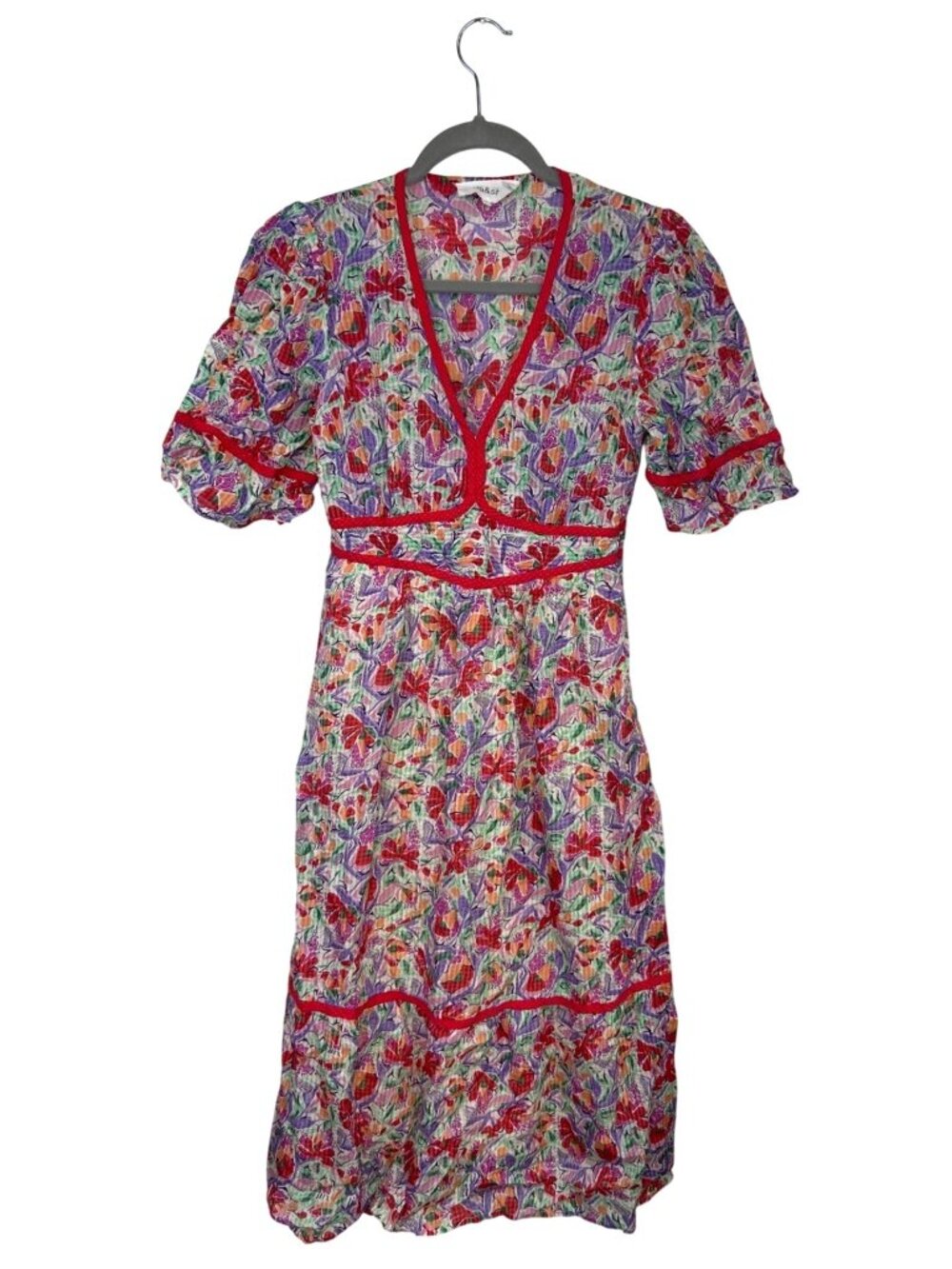 Ba&sh Women's S Floral Midi Dress Puff Sleeve Red Trim Smocked Waist Parisian